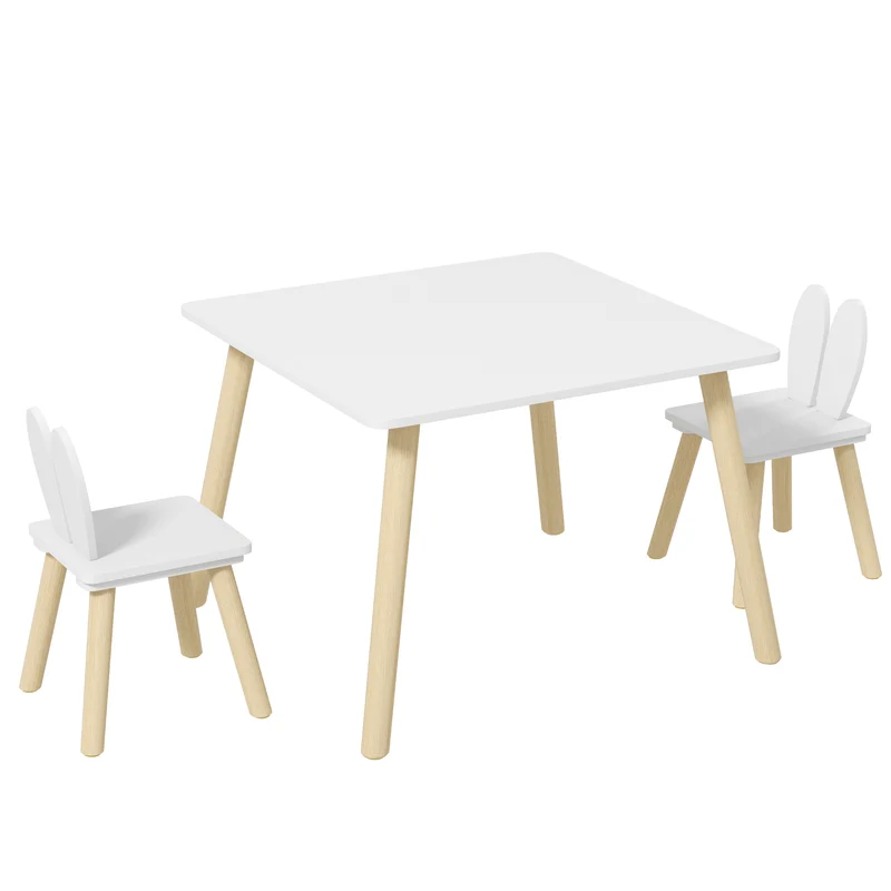 Ensemble table et 2 chaises enfant 60 x 60 x 44 cm gain de place assise ergonomique scandinave minimaliste en MDF blanc 21_0000209