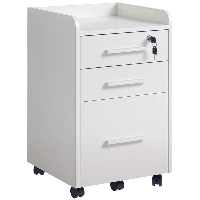 Caisson de bureau compact à roulettes 39 x 40 x 65 cm 3 tiroirs dont 1 verrouillable mobilité moderne épuré en MDF blanc 21_0002435
