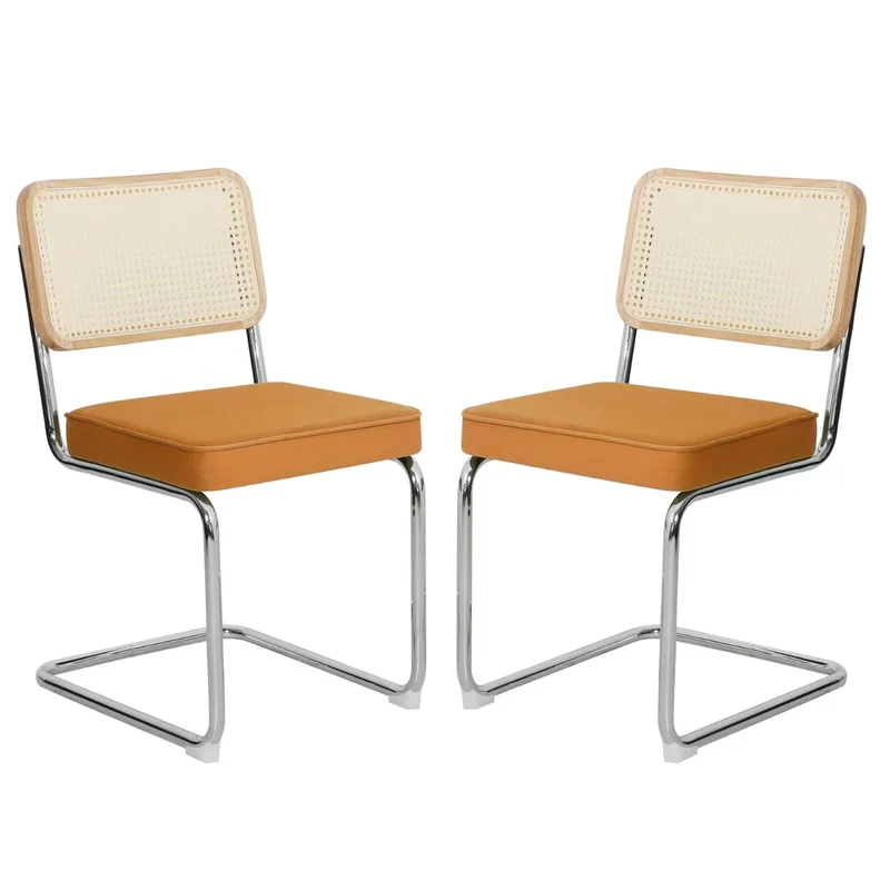 Lot de 2 chaises de salle à manger Breuer en velours orange et dossier en rotin, pieds chromés FLARELYNX