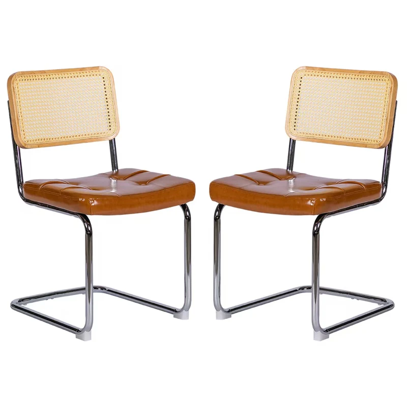 Lot de 2 chaises de salle à manger Breuer en PU caramel et dossier en rotin, pieds chromés FLAREKORR