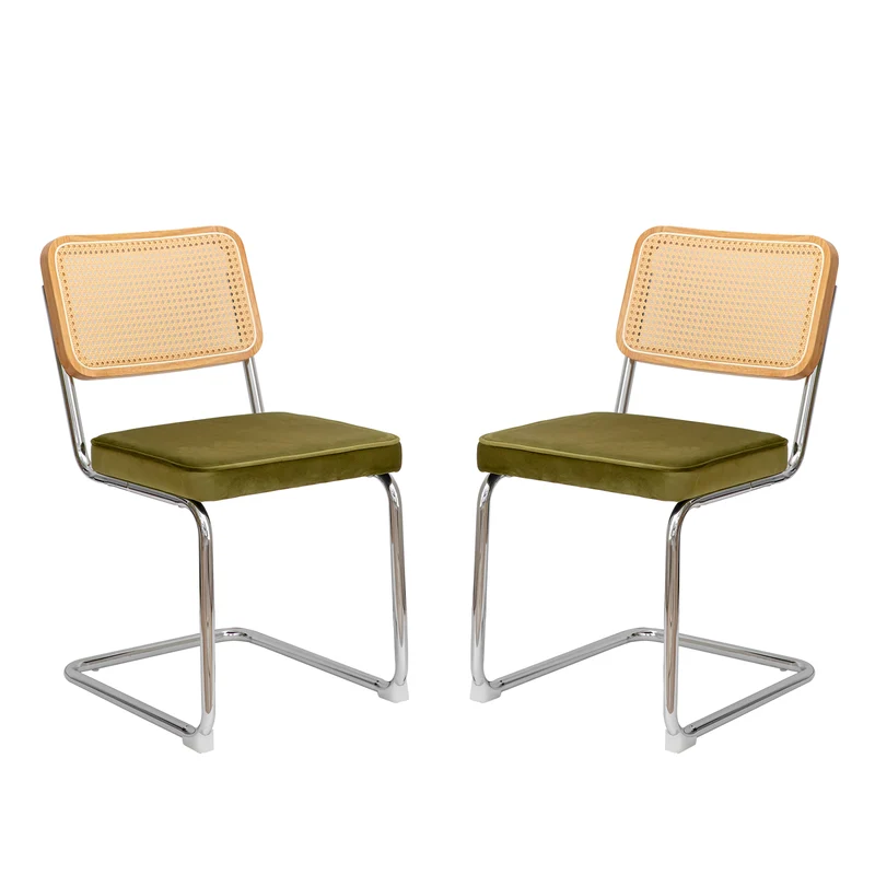 Lot de 2 chaises de salle à manger Breuer en velours vert olive et dossier en rotin, pieds chromés FLAREZYR