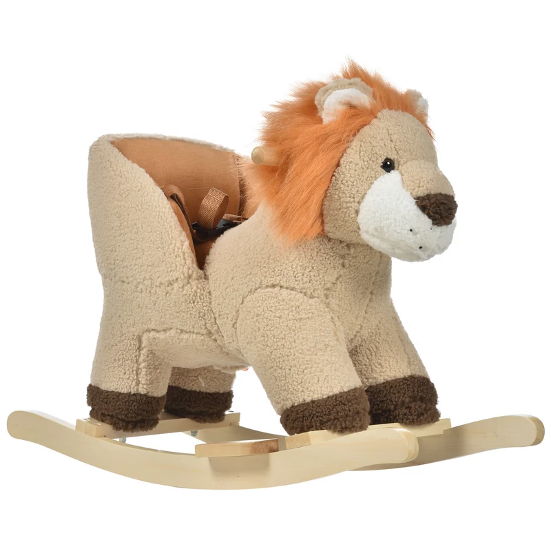 Cheval à bascule lion 68 x 35 x 50 cm selle grand confort musique décoratif classique chambre douillet en peluche marron 21_0000279
