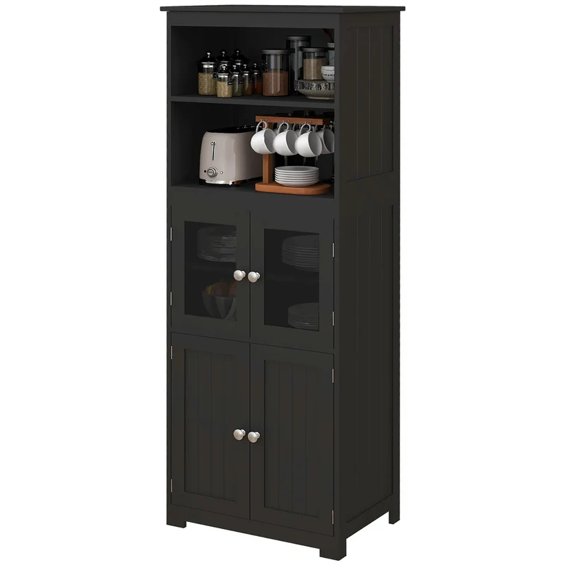 Armoire de cuisine vitrine 60 x 30 x 162 cm grand rangement modulable étagères réglables contemporain épuré en MDF noir 21_0002247