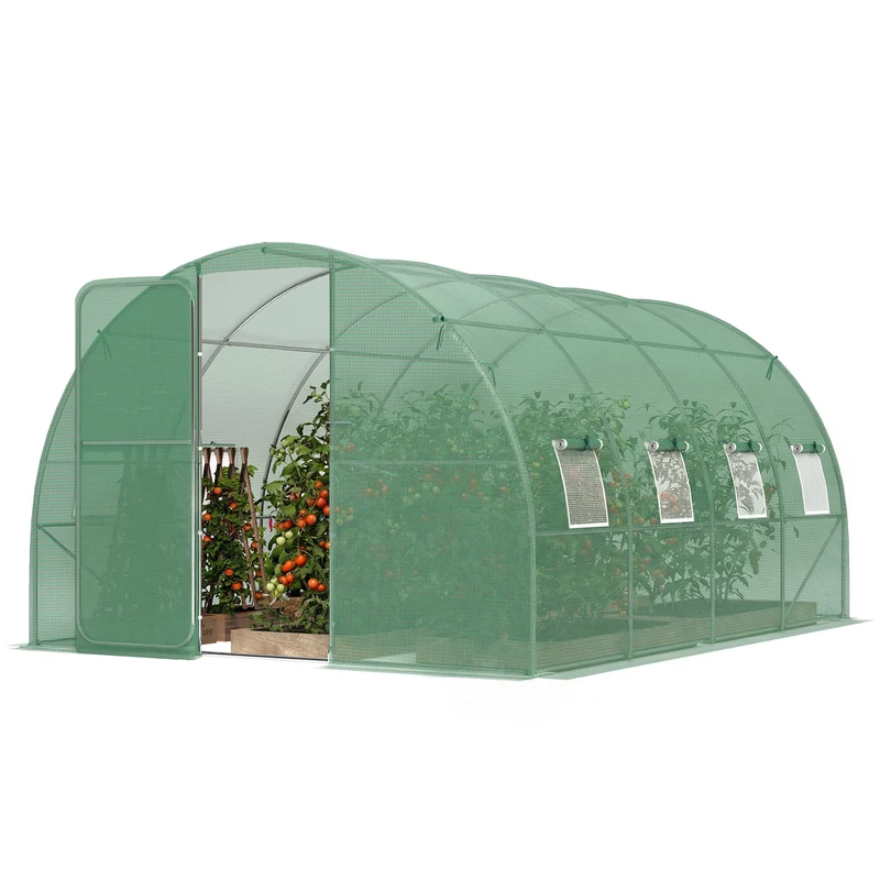 Serre tunnel de jardin 295 x 400 x 200 cm porte battante 8 fenêtres roulantes aération stabilité moderne en pe vert 21_0005609