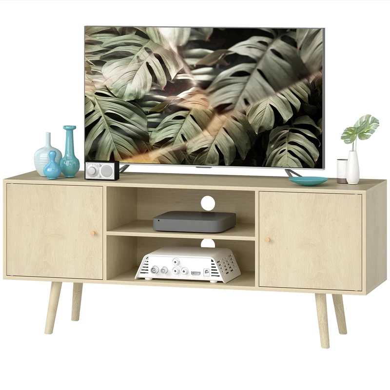 Meuble télévision 120 x 34 x 50 cm 2 placards gestion câbles scandinave moderne en panneau de particules bois naturel 21_0003064