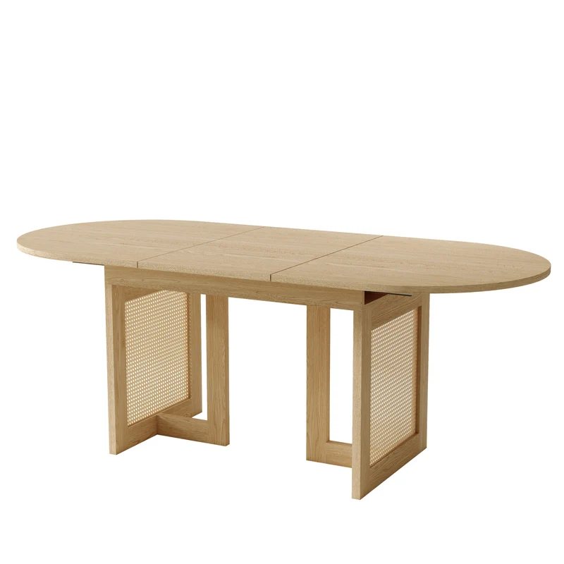 Table de salle à manger extensible effet chêne et pieds en rotin 150/200x90cm MODERNCONTAINERSET