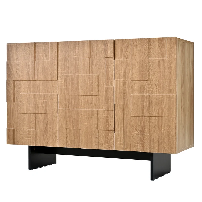 Buffet effet bois géométrique 3D en bambou et MDF, 3 portes 105x33,5x76cm MODERNORGANIZERHOME