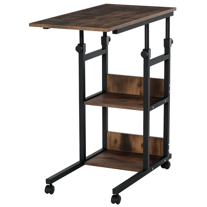 Table roulante table de lit 80 x 40 x 72-82 cm hauteur réglable roulettes freinables 2 étagères rustique en bois marron 21_0001790