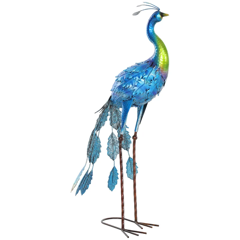 Statue de paon jardin 40 x 43 x 83 cm résistante intempéries piquets de fixation décoratif contemporain en métal bleu 21_0005682