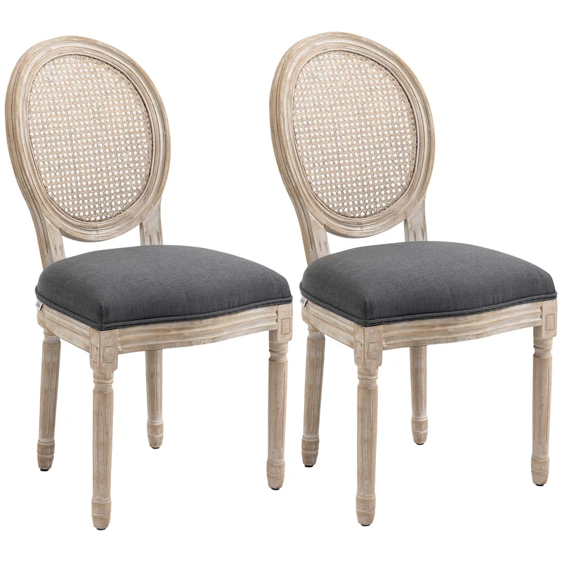 Lot de 2 chaises médaillon salle à manger 49 x 56 x 96 cm dossier cannage assise mousse dense classique en bois gris 21_0002251