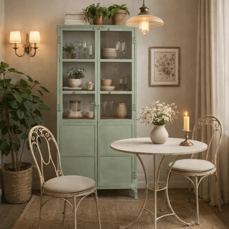 Armario vitrina industrial acero y madera Lenny verde