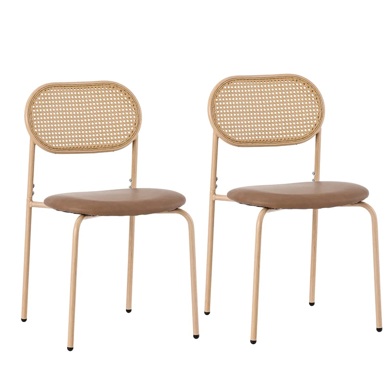 Lot de 2 chaises de salle à manger PU beige en rotin pieds en métal VERTEXIX