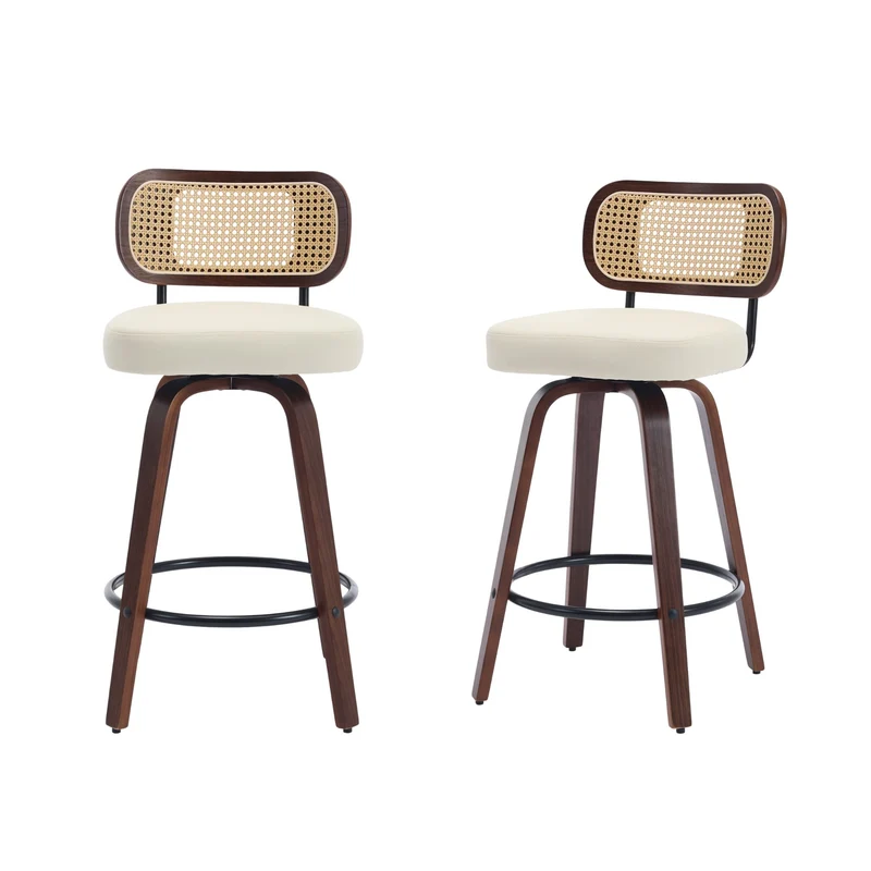 Lot de 2 tabourets PU beige et noyer, dossier en cannage rotin, pivotants, hauteur comptoir 26" PINNACLEIS