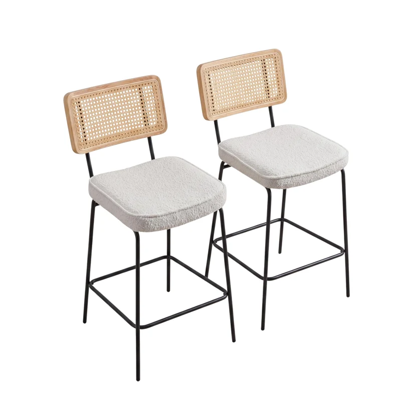 Lot de 2 tabourets de bar chenille bouclette beige dossier en rotin et repose-pieds FABRIC CART