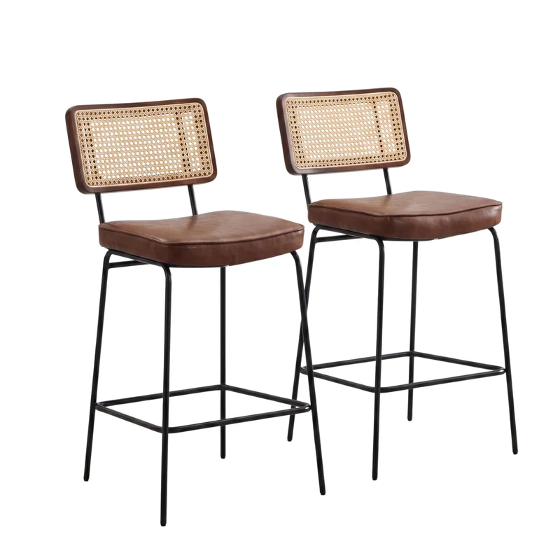 Lot de 2 tabourets de bar simili cuir marron, dossier en rotin et repose-pieds FABRIC CABINET