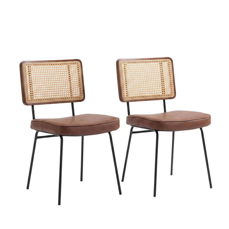 Lot de 2 chaises de salle à manger vintage dossier en rotin et PU marron pieds noirs FABRIC BOX