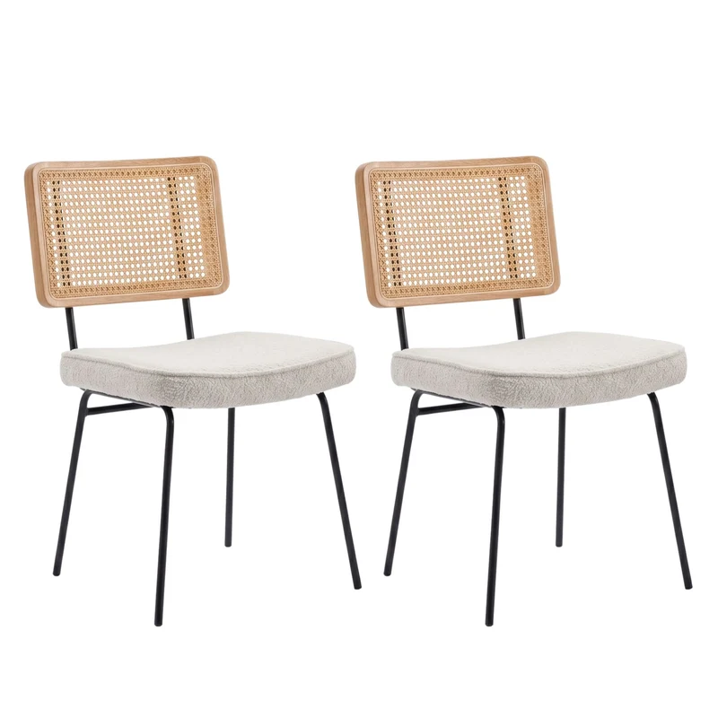 Lot de 2 chaises de salle à manger dossier en rotin et chenille bouclette ivoire pieds noirs FABRIC BENCH