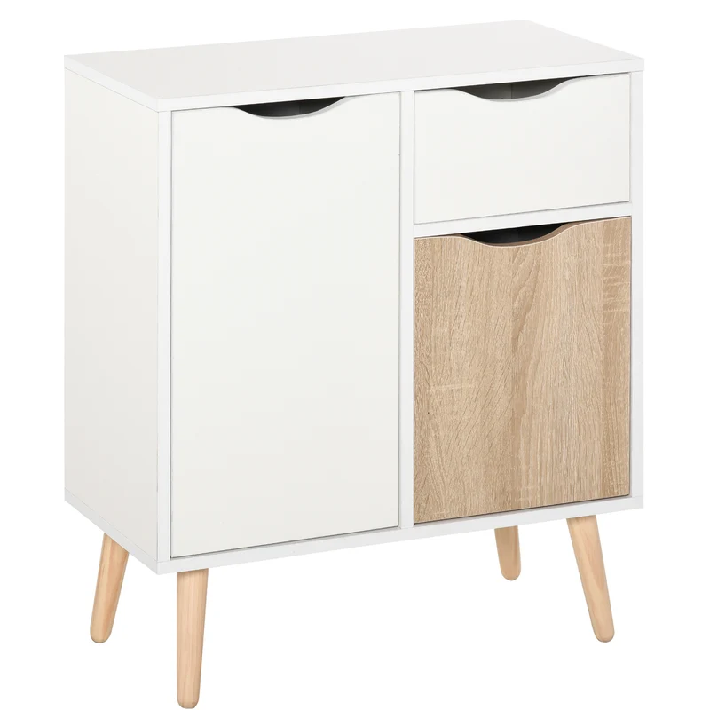 Buffet rangement salon 60 x 30 x 72 cm 2 placards un tiroir coulissant pieds effilés scandinave épuré en bois blanc 21_0002619