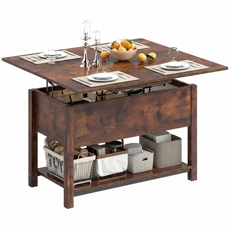 Table basse relevable salon 100 x 45 x 50,5 cm rangement caché plateau double silencieux moderne en MDF brun rustique 21_0003593