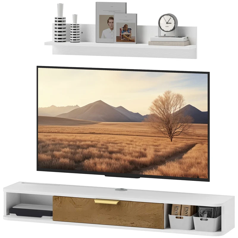 Ensemble meuble télé suspendu et étagère murale 120 x 24 x 16 cm rangement passe câbles contemporain épuré en MDF blanc 21_0003477