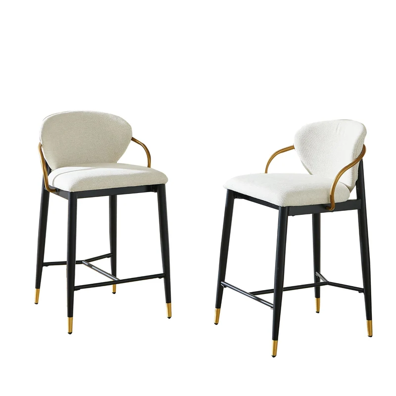 Lot de 2 tabourets de bar en chenille beige accents dorés, avec dossier et repose-pieds CHESTWICKER