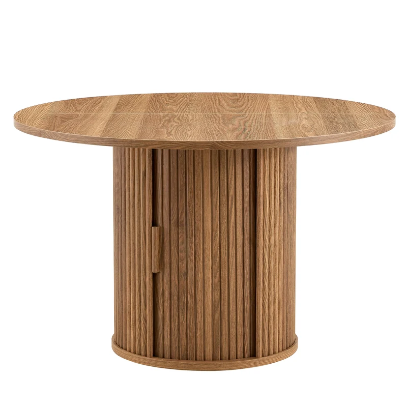 Table de salle à manger ronde effet bois, design à latte et rangement intégré 4-6 personnes 120cm CLASSICCEILING