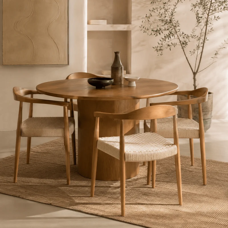 Silla de comedor reposabrazos madera y asiento enea Nevu natural