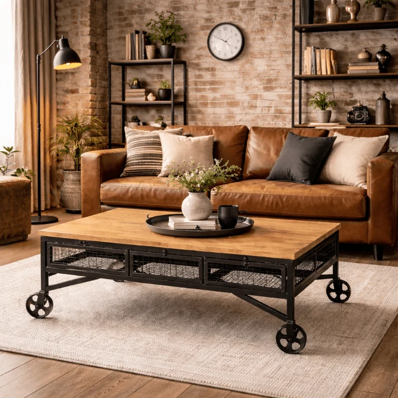 Mesa de centro industrial madera de mango con ruedas Castell