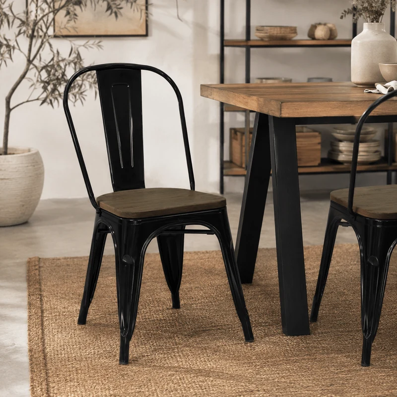 Silla Tolux acero negro brillo madera oscura