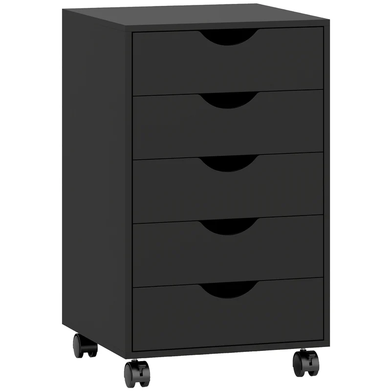 Caisson de bureau sur roulettes 40 x 40 x 67 cm à 5 tiroirs rangement compact ouverture fluide minimaliste en MDF noir 21_0002426
