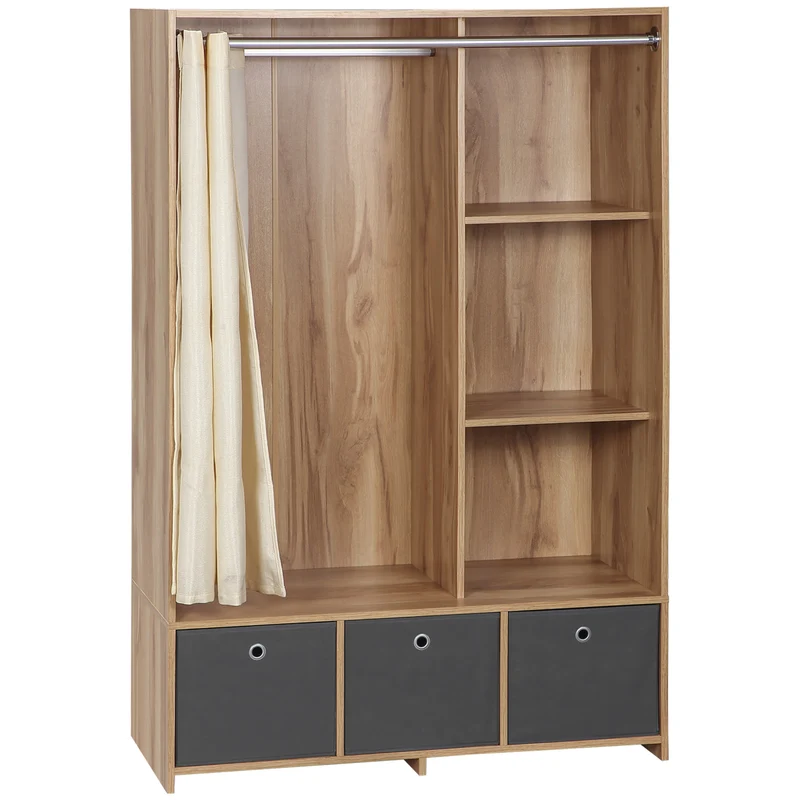 Armoire penderie chambre 105 x 48 x 160 cm grande capacité tringle 3 tiroirs épuré en panneau de particules bois naturel 21_0001521
