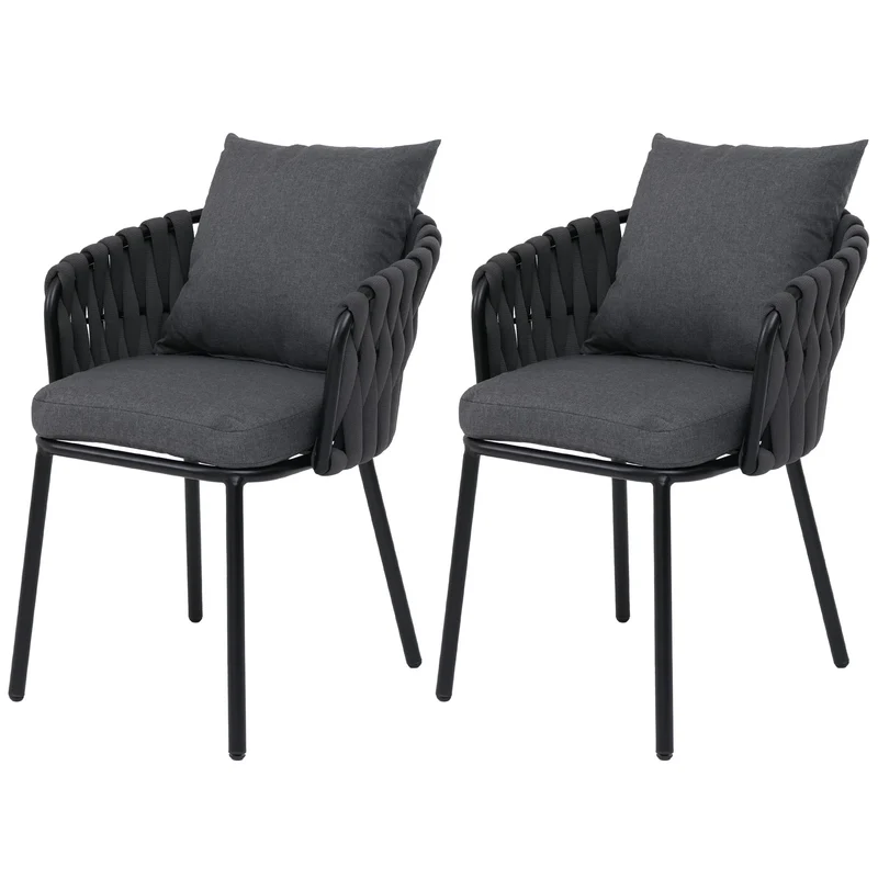 Lot de 2 fauteuils de jardin aluminium et corde tressée avec coussins anthracite 04_0008750