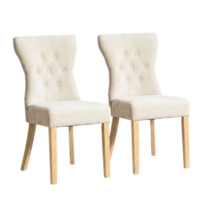 Lot de 2 chaises de salle à manger tissu chenille beige pieds bois massif BIRCHCURTAIN