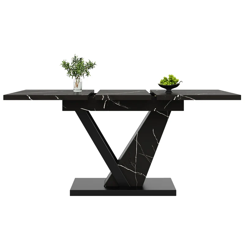 Table de salle à manger extensible effet marble noir pieds en forme de V (120-160*75cm) STRAKUL