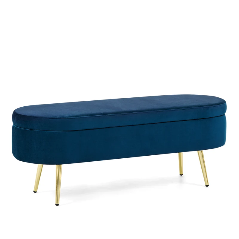 Banquette coffre pouf en velours bleu avec pieds dorés 20L 110x41x47 cm COALCOVE