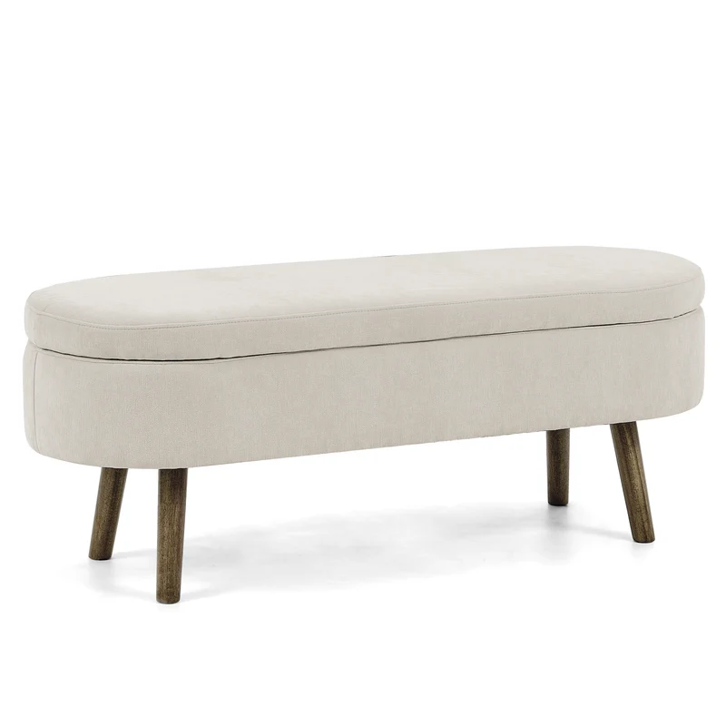 Banquette coffre pouf en chenille beige, pieds en bois massif, 20L 110x40x42cm IRONISLE