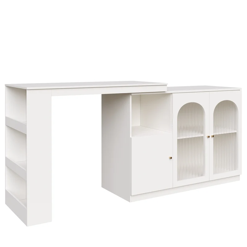 Table de bar pivotant 360° blanc, porte en verre et rangement 120x40x97cm ARMOIRECONCRETE