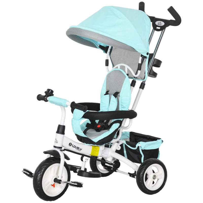 Tricycle évolutif poussette 95 x 50 x 106 cm assise sécurisée ceinture 5 points auvent amovible design en plastique vert 21_0000433
