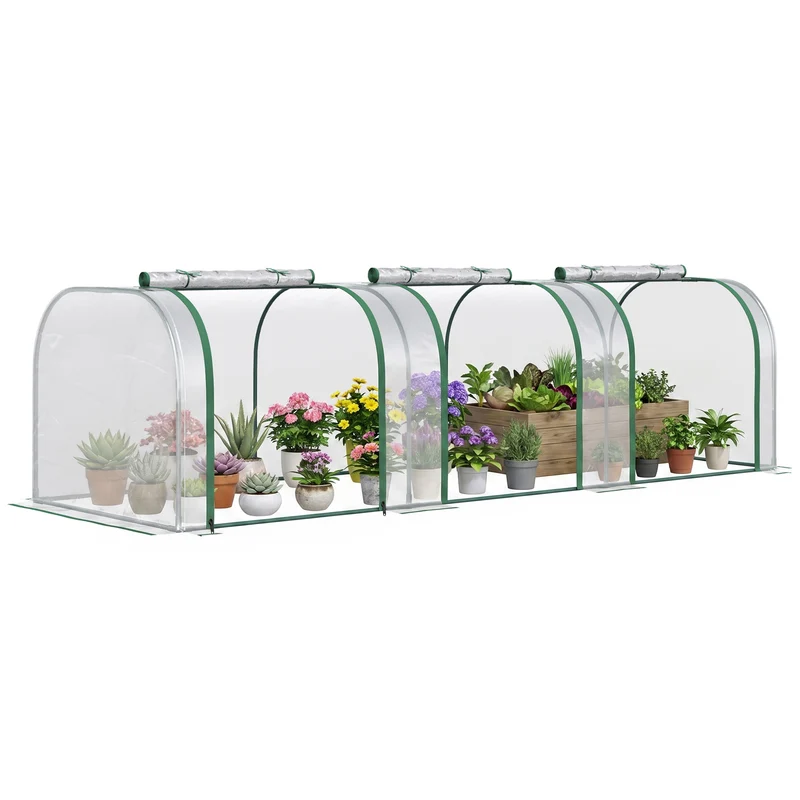 Mini serre de jardin tunnel 295 x 100 x 80 cm anti-UV 3 portes zippées extérieur montage facile moderne en PVC vert 21_0004111