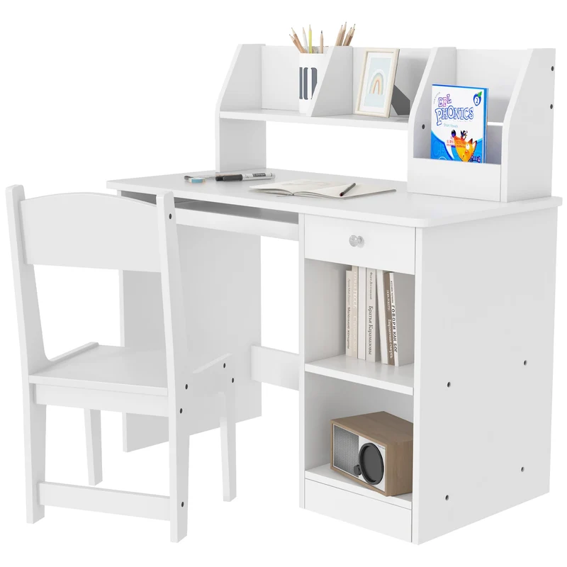 Lot de 2 bureau et chaise enfant 90 x 45 x 90 cm rangements pratiques tiroir coulissant minimaliste moderne en MDF blanc 21_0000205