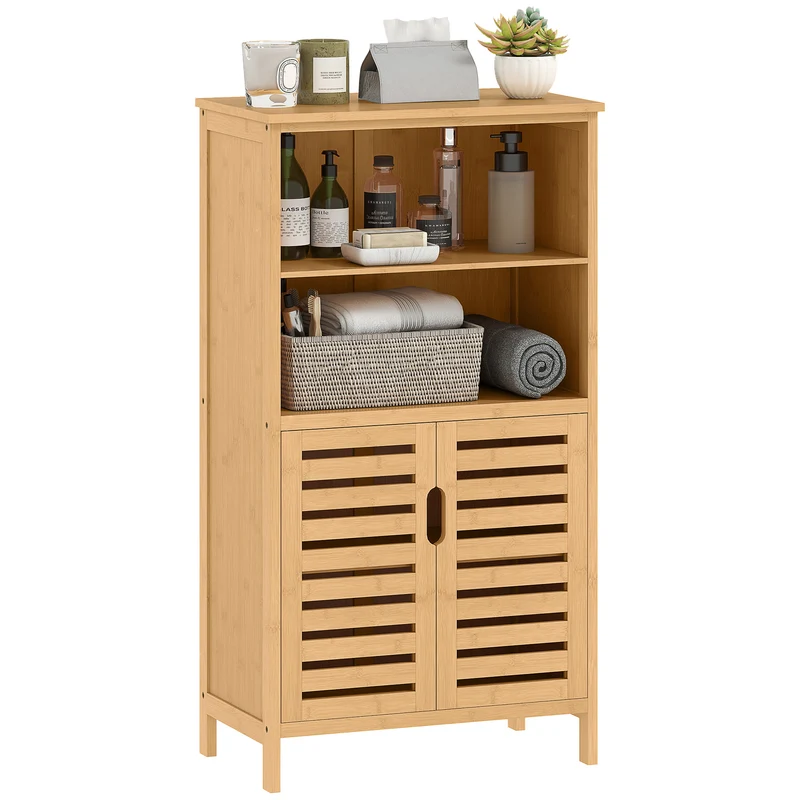 Meuble de rangement salle de bain 50 x 29 x 92 cm gain de place anti basculement compact scandinave en bambou naturel 21_0001928