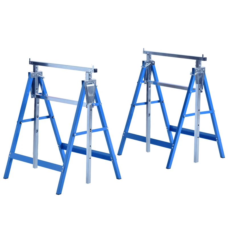 Lot de 2 tréteaux pliables réglables 68 x 58 x 80 cm hauteur 80-130 cm 6 pieds compacts stables industriel en acier bleu 21_0007080