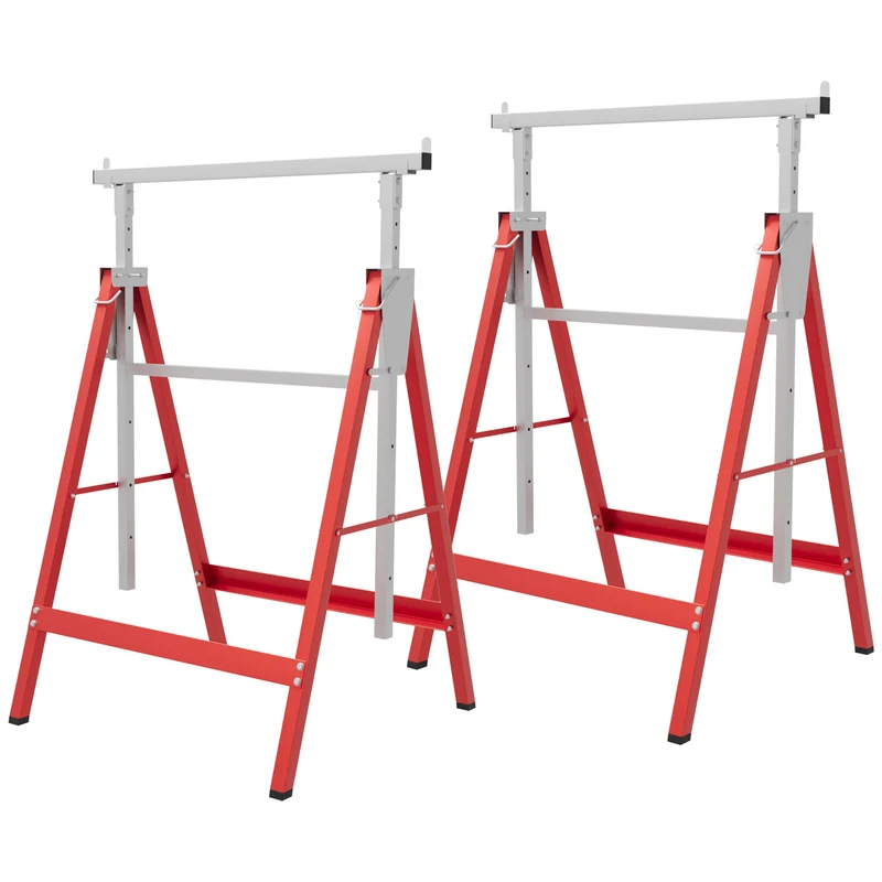 Lot de 2 tréteaux pliables pour travaux 68 x 58 x 80 cm hauteur réglable 80 à 130 cm stables industriel en acier rouge 21_0007081