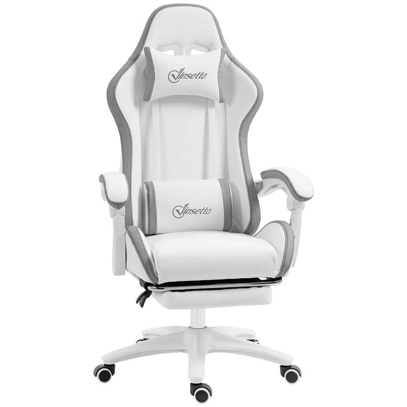 Fauteuil de jeu ergonomique inclinable 135° 65 x 65 x 121-129 cm soutien lombaire moderne pivotant en polyuréthane blanc 21_0006229