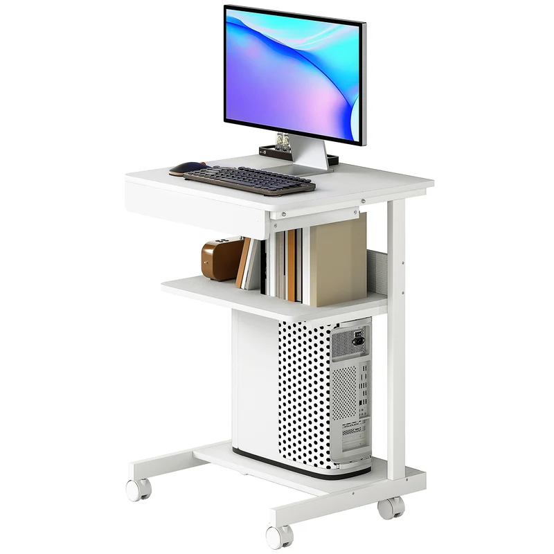 Bureau d'ordinateur à roulettes avec tiroir support unité centrale 56 x 51 x 79 cm épuré en panneau de particules blanc 21_0006139