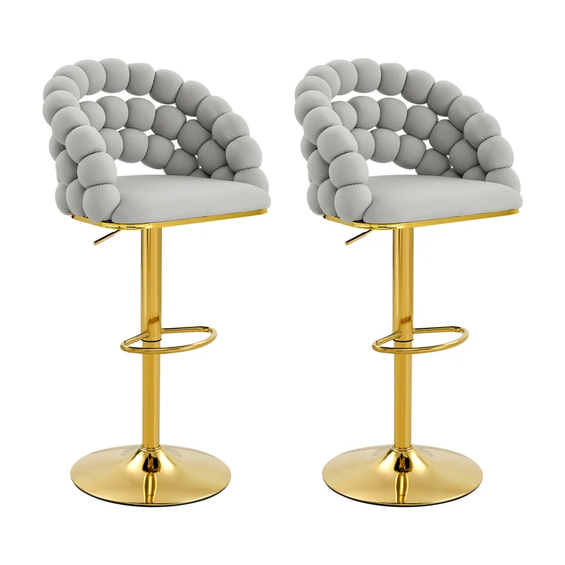 Lot de 2 tabourets de bar en velours gris clair dossier tréssé chaîne, hauteur réglable, pied doré BOOKCASEELITE