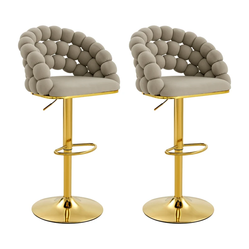 Lot de 2 tabourets de bar en velours gris dossier tréssé chaîne, hauteur réglable, pied doré BOOKCASEFLOW