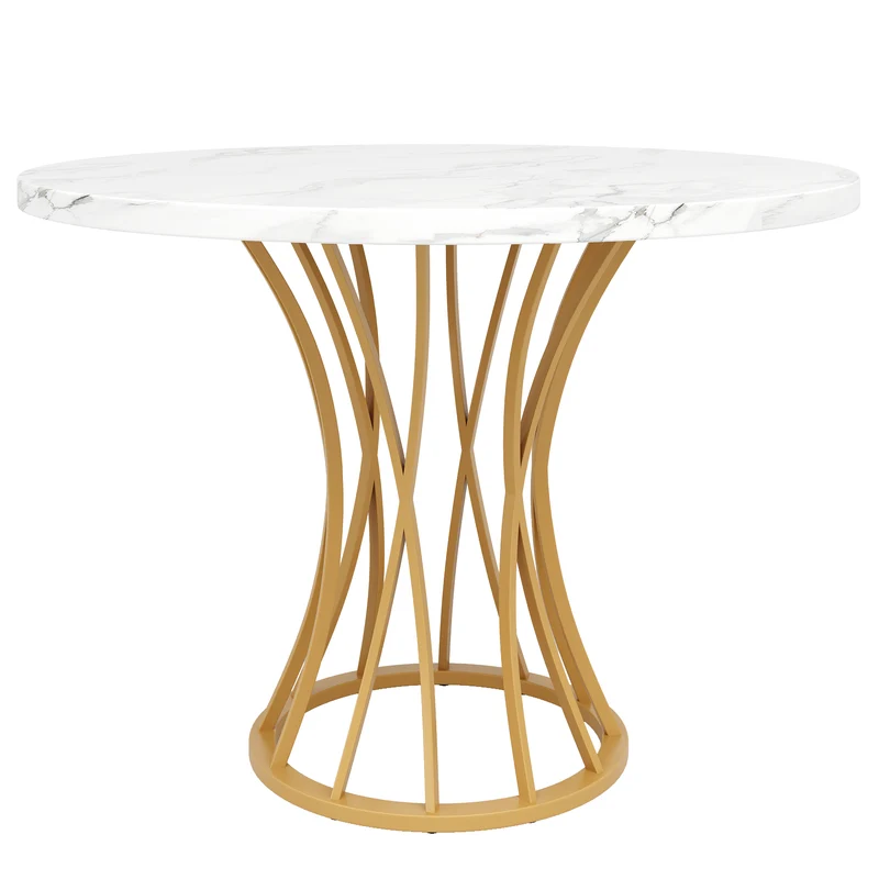 Table ronde de salle à manger effet marbré blanc, pieds dorés (80 x 80 x 76 cm) KROGZEX GOLD