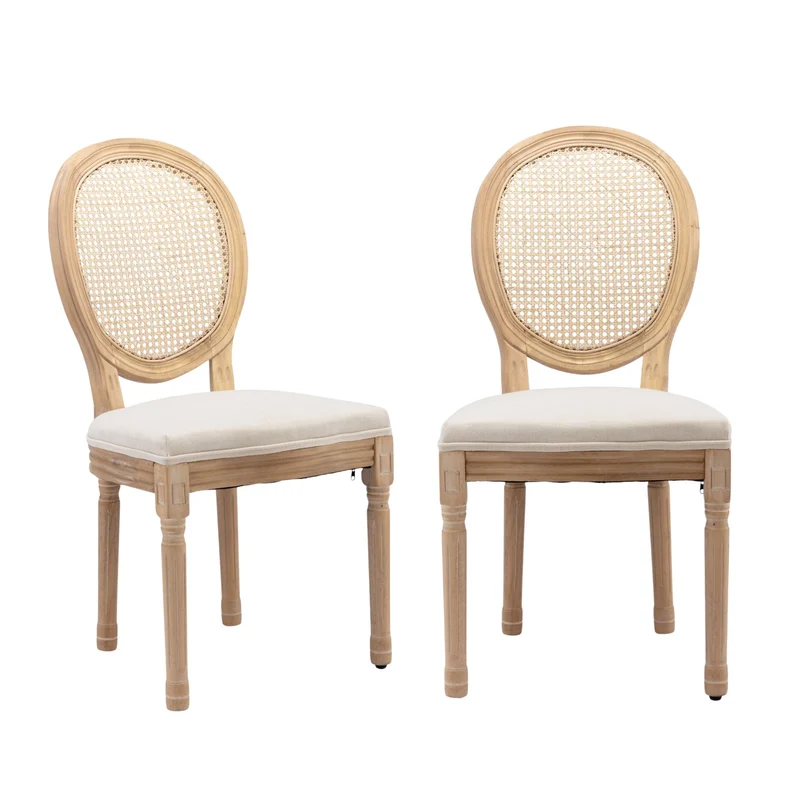 Lot de 2 chaises de salle à manger médaillon en bois massif, et lin beige, dossier rotin HOLOBIONT