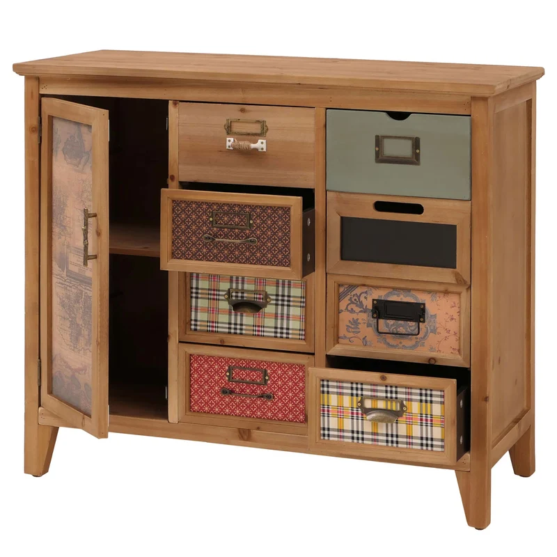 Commode style apothicaire meuble de rangement avec tiroirs et porte style vintage shabby 80 x 91 x 40 cm en bois finition naturelle 04_0009117